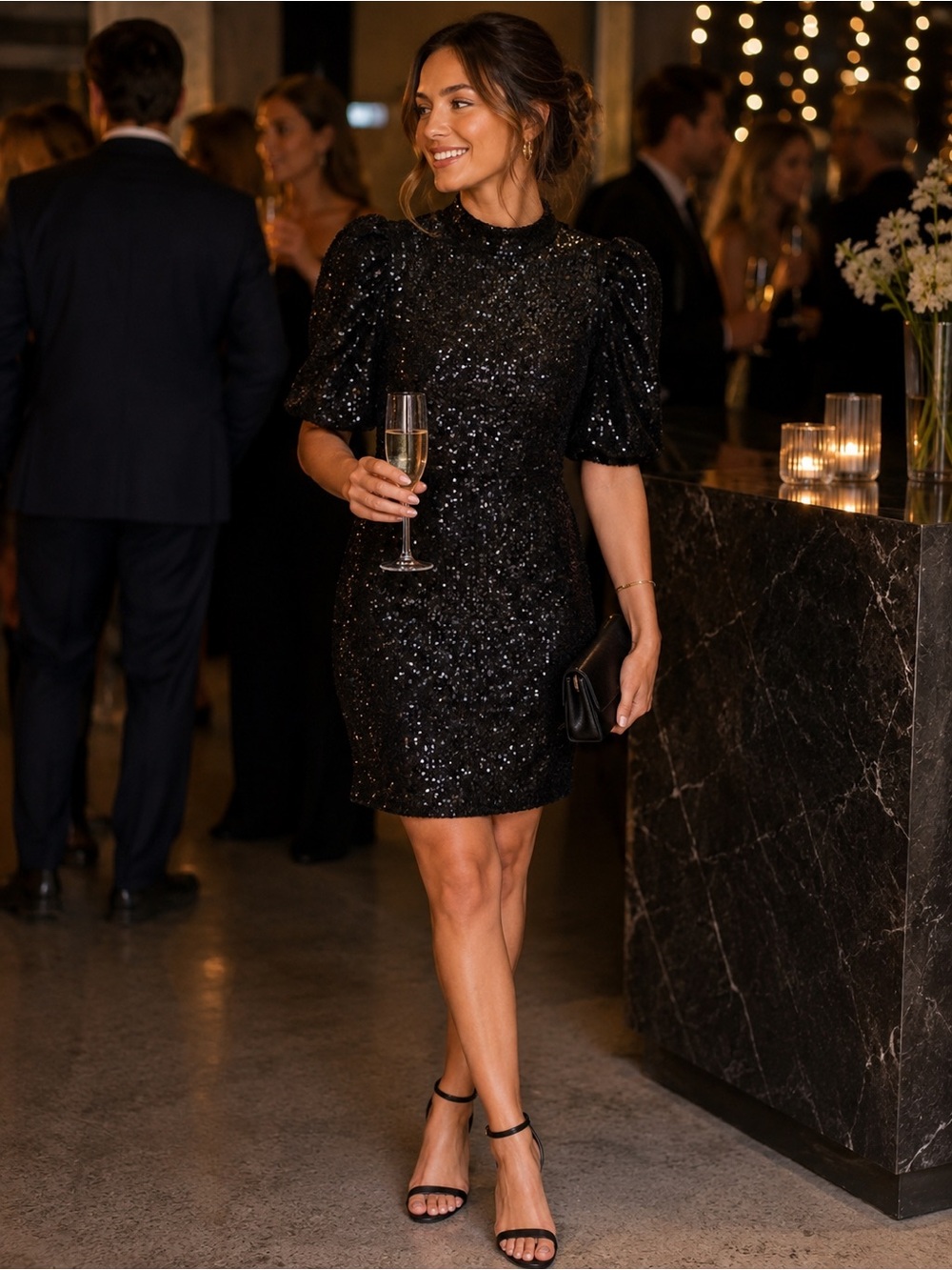 XS Joie Black Sequin Midi Dress with Puff Sleeves-never worn